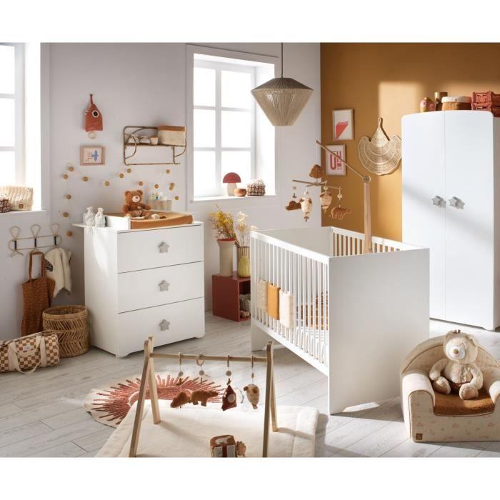 Commode à langer - Babyprice - Basic - 3 tiroirs - Blanche - Boutons étoiles grises