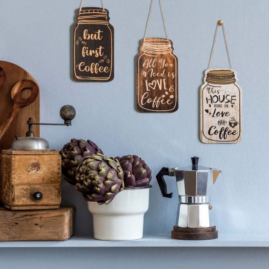 Coffee Bar Accessories 4Pcs Wooden Wall Sign, Farmhouse Rustic Mason Jar Hanging Restaurant Decorative Wood Plaque Decoration, Art for Cafe