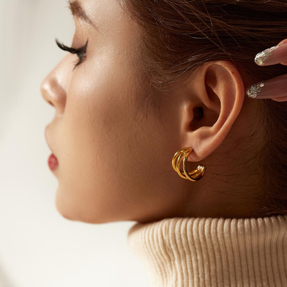 INS French Niche Geometric Titanium Steel Earrings: 18K Gold Three-Line Design for Women