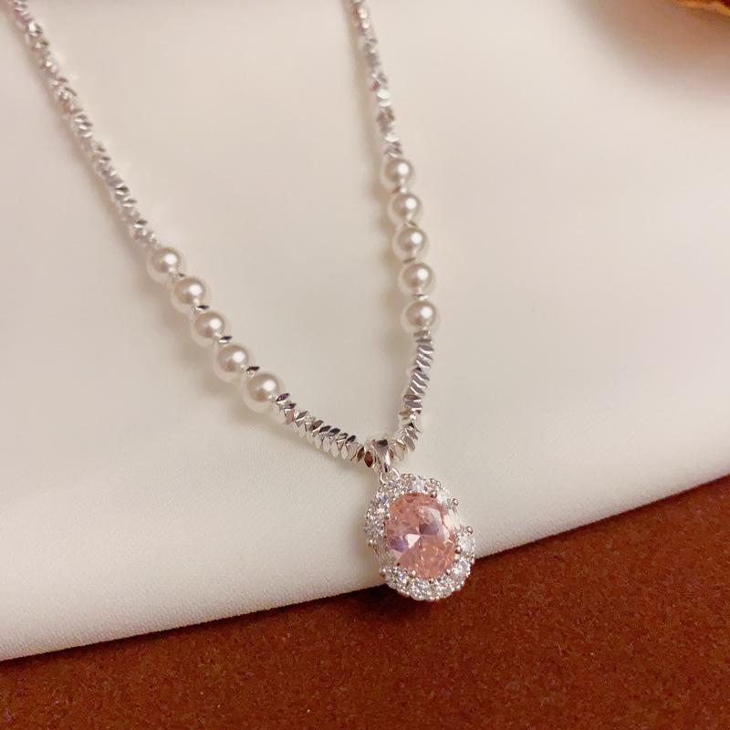 Pink Zircon Pendant Broken Silver Pearl Fashion Clavicle Chain Necklace
