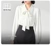 Women's White Short Sleeve Chiffon Bow Blouse - Professional Formal Top for Interview Suit