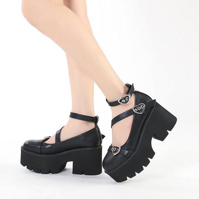 Damskie buty Mary Jane na platformie na grubym obcasie wiosenna krzyżowa opaska Kawaii Cospaly Heart Buckle