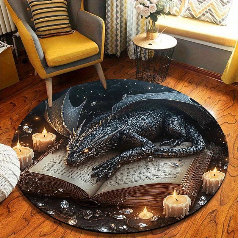 

1pc Dragon on Ancient Book Round Floor Mat, Lightweight NonSlip Machine Washable, Home Decoration,Mystical Creature, Suitable for Living Room, Bedroom 120cm x 120cm