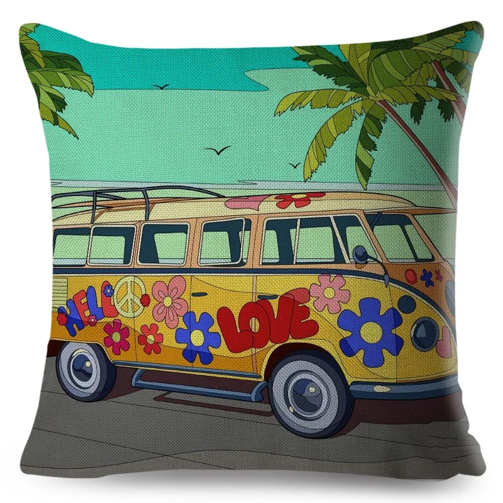 

Both Sides Van Life Pillow Case Decor Happy Camper Cartoon House Travel Car Cushion Cover for Sofa Home Children Room Pillowcase 18x18Inch