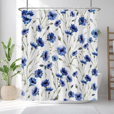 Rideau de douche floral bleu aquarelle, Design floral sauvage botanique, Polyester imperméable avec crochets