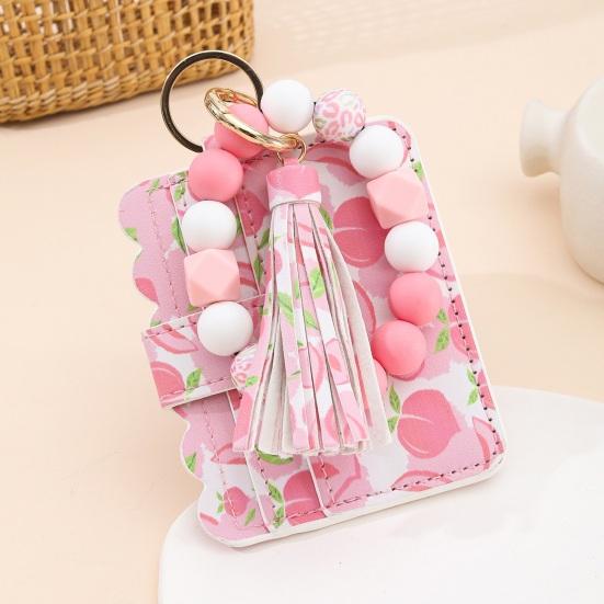 Ladies Wristlet Wallet Floral Print Wallet Beaded Wristlet Keychain with Tassel Coin Wallet Card Holder for Street Daily Outings