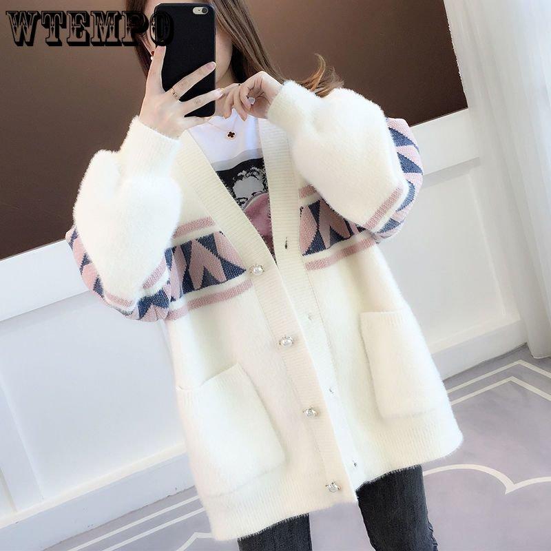 Autumn Winter Knitted Leopard Sweaters Women Korean V Neck Thick Print Cardigan Coat Loose Button Outwear