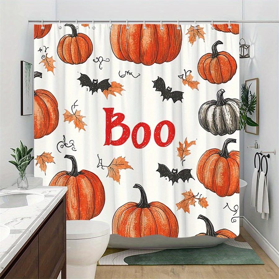 1 Halloween Pumpkin and Bat Shower Curtain - Spooky Boo design with red text, Machine washable polyester with hooks