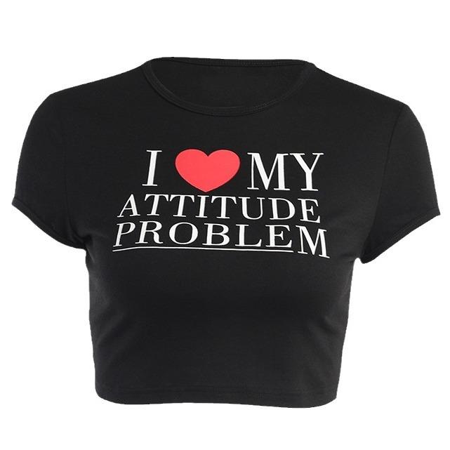 European, American English slogans Printed sexy exposed navel short T-shirt fashionable round neck slim slim top women's multi-picture