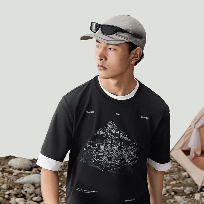 Li Ning CF Rundhals Genser Bokstavtrykk Mønster Kortermet T-skjorte Herre T-skjorter Svart ATSU595-2