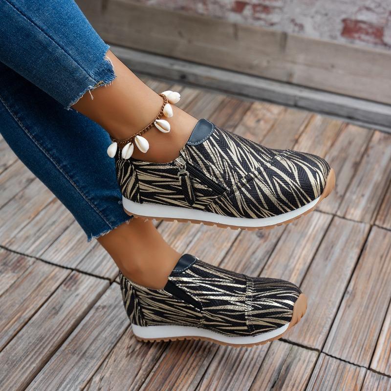 Women's Flat Shoes Autumn New Round Head Color Combination Deep Mouth Side Zipper Soft Sole Non-slip Low Top Shoes