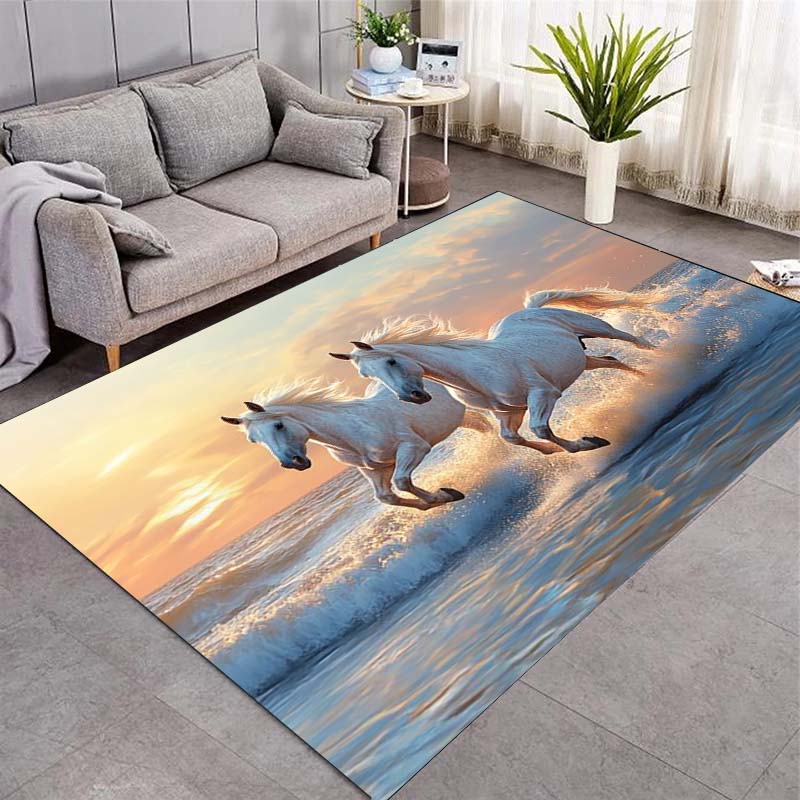 Horses Running In Water Area Rug, Group of Multi-color Horses Oil Painting Print Non Slip Floor Rug Home Decor
