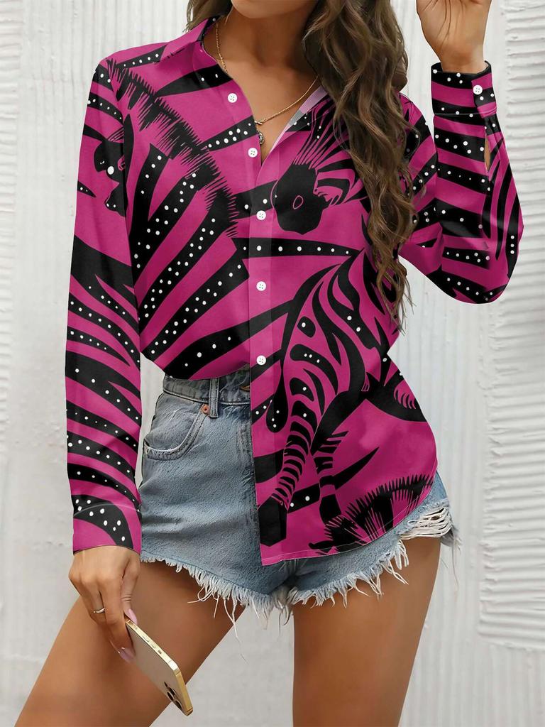 New women's long-sleeved shirt, a versatile casual top suitable for commuting, machine washable, buttoned print shirt.