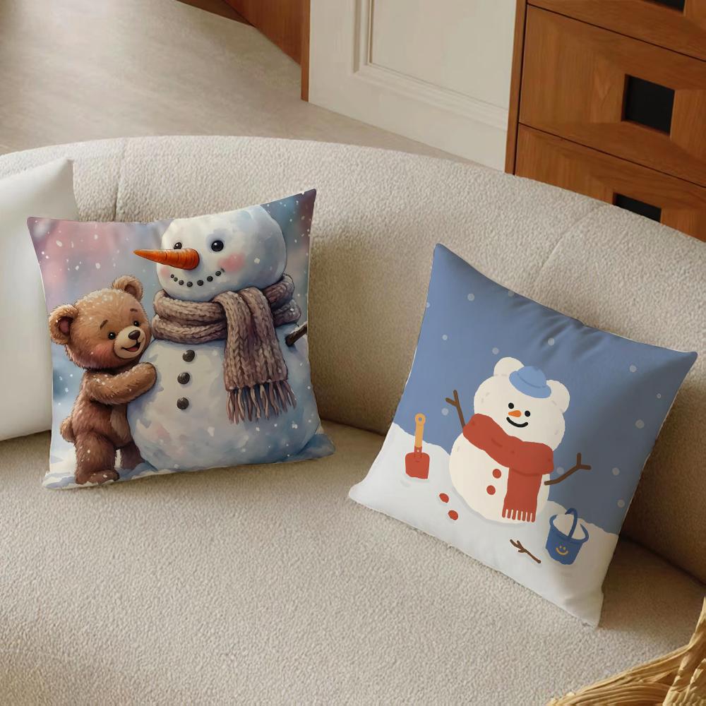 C-Christmas Snowman Bear Pillow Cute Cushion Cover Daily Washable Linen Pillowcase Soft For Sofa Bed Home Room Decor