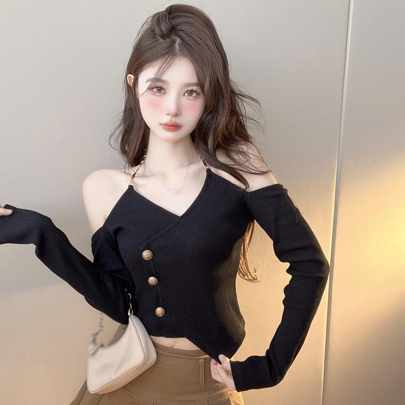 Women's Knitted Crop Top Chain Halter Solid Color Slim Top