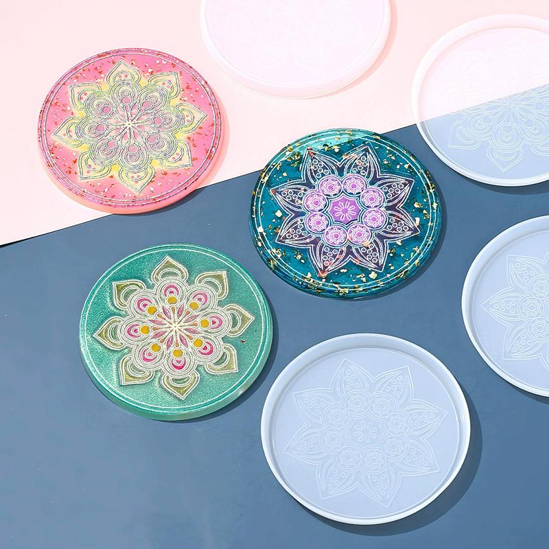 WTEMPO Epoxy Resin Embossing Molds Set DIY Bohemian Style Coaster Making Molds Creative Patterned Silicone Molds Circular Groove Teacup Mats Molds