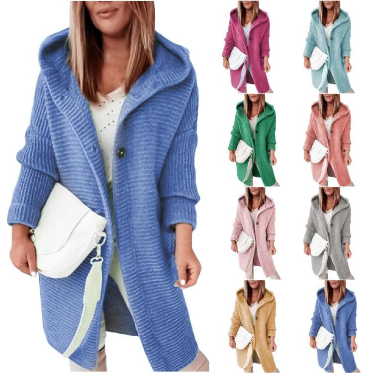 Ciepły damski długi sweter-płaszcz z kapturem, gładki, dzianinowy, gruby kardigan zimowy