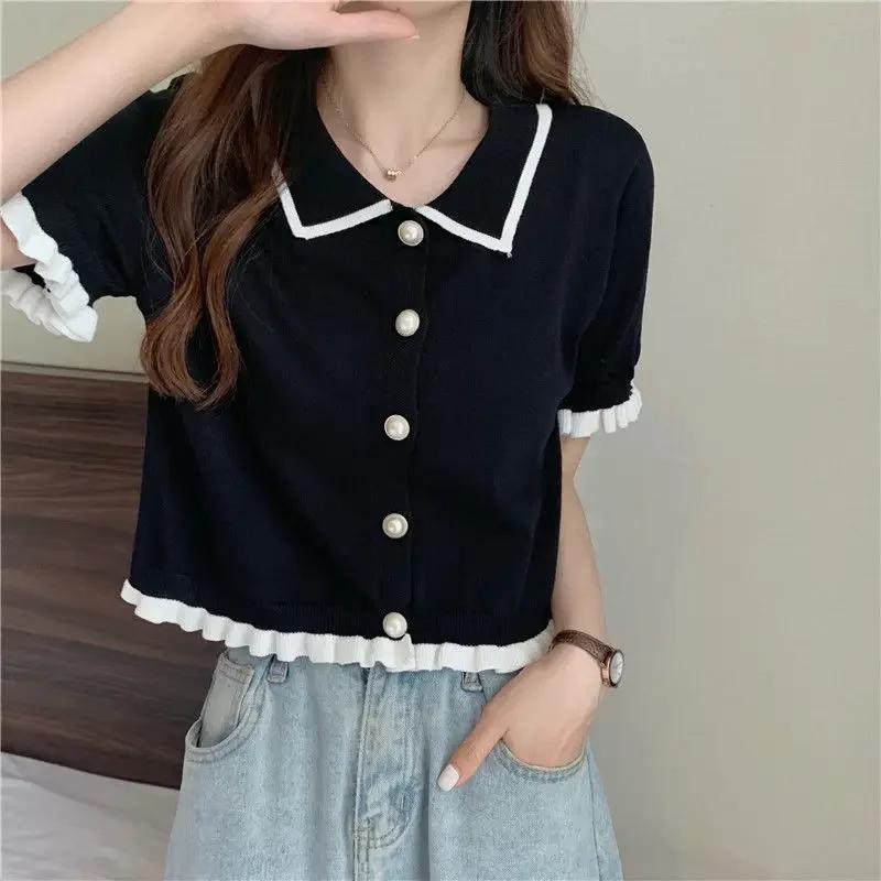 

Women s Clothing Knitting Button Short Tops Tees Patchwork Striped Jacket Girls Y2k Clothing Korean Sweater Short Shirt XL чорний