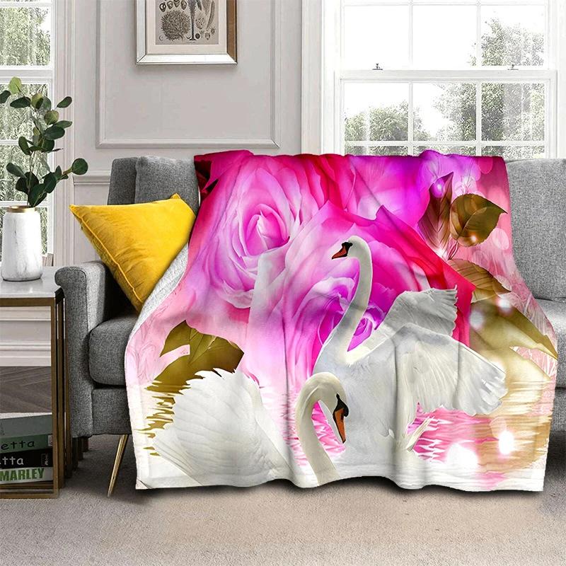 Romantic Swan Themed Blanket Couple Soft Flannel Blanket Holiday Gifts Air Travel Blanket