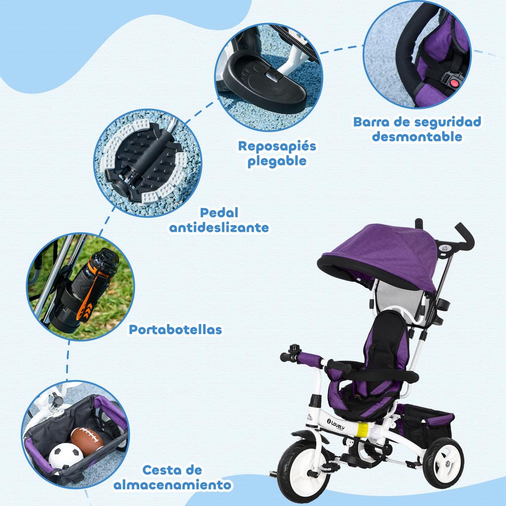 Evolutionary Tricycle, 12+ Months, Foldable Canopy, Telescopic Push Handle, Safety Belt, Violet