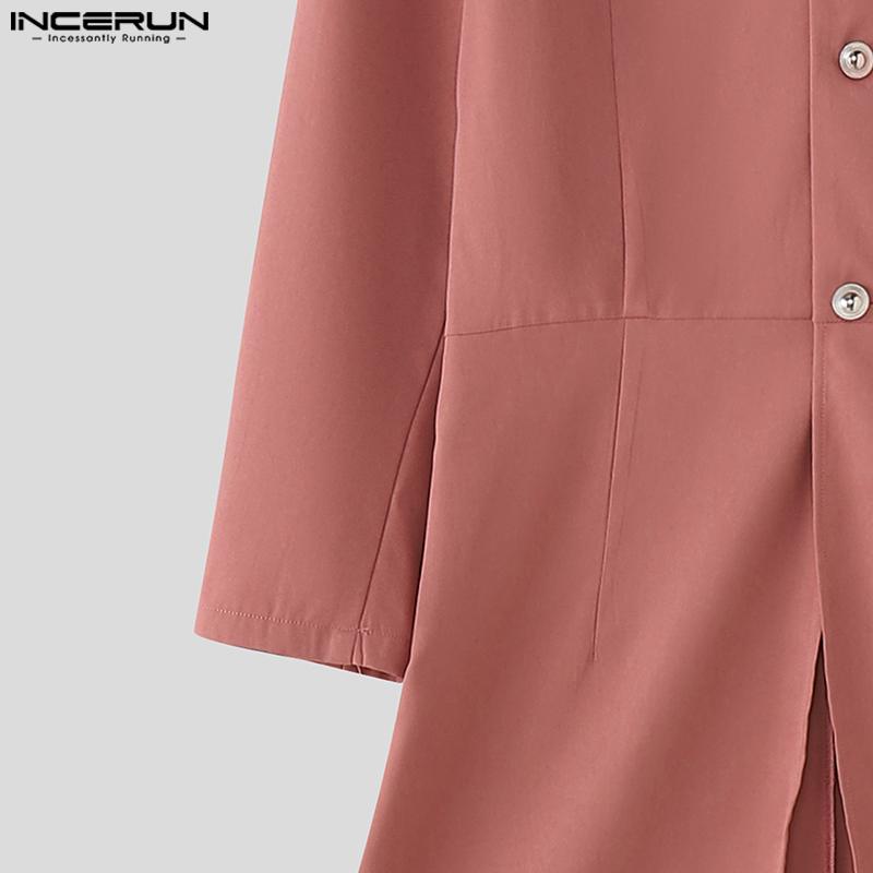 INCERUN Men Stand Neck Long Sleeve Pleated Split Irregular Long Tunic Tops