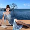 Elegant French Seaside Vacation Dress Premium Swing Neck Double Layer Split Suspender Engagement Dress