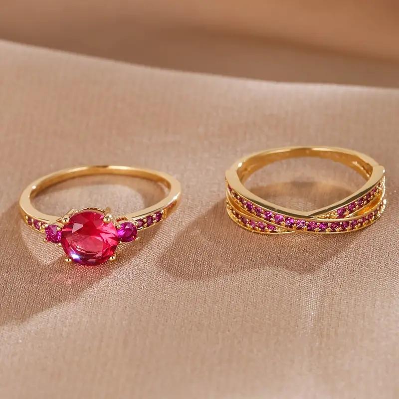 Vintage zlatá barva kulatý řez Rose Red Stone Cross prsten sada snubní prsten sada prstenů Valentýn dárek