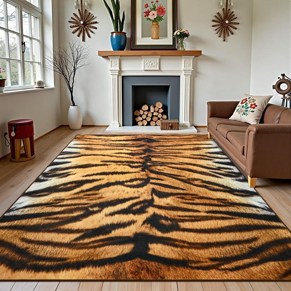 Teppich mit Tigerstreifen-Tierprint-Thema, rutschfeste Matte mit Wildleder-Design für Wohnzimmer & Schlafzimmer, kräftiger exotischer dekorativer Teppich