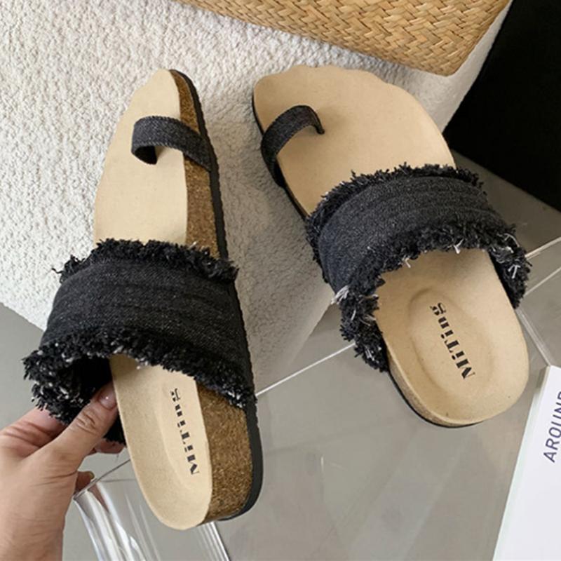 

Fashion Retro Denim Clip Toe Brand Flip Flops Women Comfortable Cork Thick Bottom Slippers Fashion Summer Beach Flat Sandals Casual Shoe 35 чорний