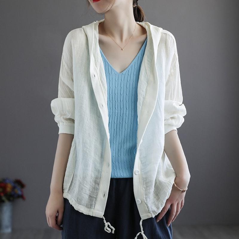 Cotton and Linen Cardigan Women's Summer Loose Hooded Long-sleeved Top Thin Short Jacket