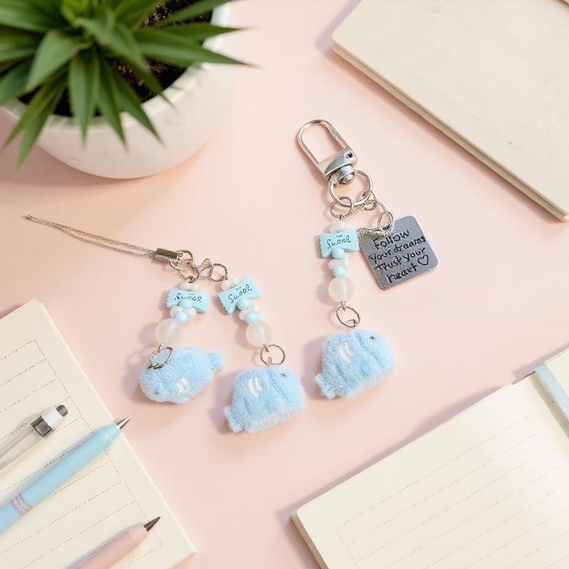 Cute Cartoon Flocking Small Fish Bead Pendant Keychain Beaded Mobile Phone Chain Ornament Decoration Accessories Gifts