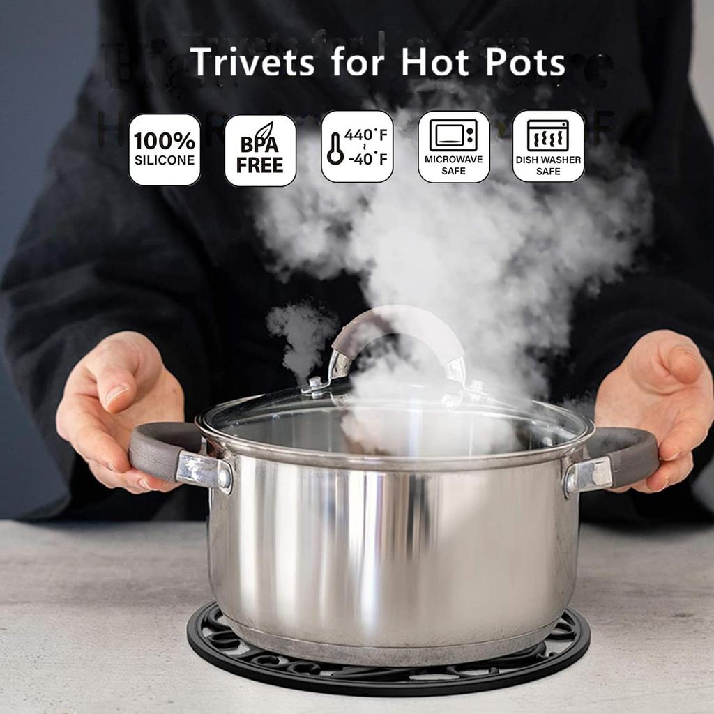 IYYI Silicone Pot Heat Silicone Insulating Trivet Holder, Resistant, 3-Piece Set, Multi-Purpose Mat, Waterproof, Pad, Non-Slip (Black Hollow)