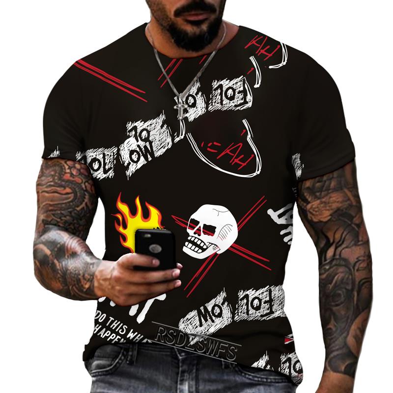 New Design Men's T-shirt Iron Chain Black and White Colorful Painting Style Short Sleeve T-shirt High Quality Fat