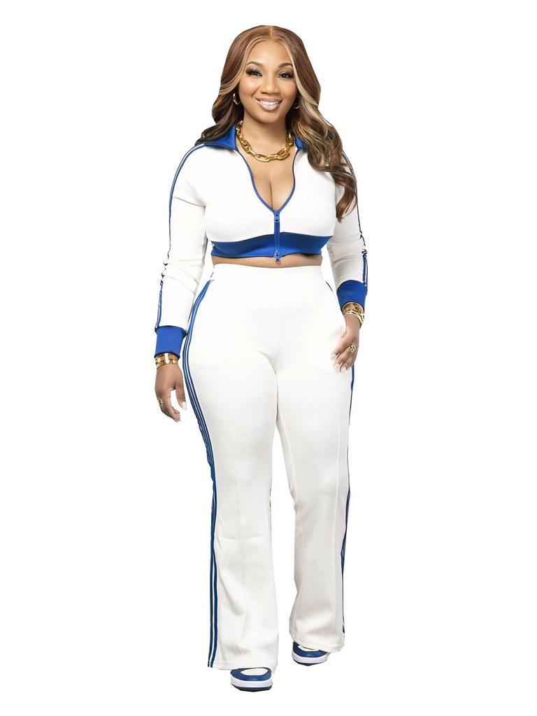TW768 Women's Casual Color Block Zipper Crop Top & Slim Fit Pants Set