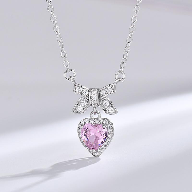 Korean Style Bowknot Heart Necklace: Diamond-Studded, Sweet, Versatile, High-End Women's Jewelry