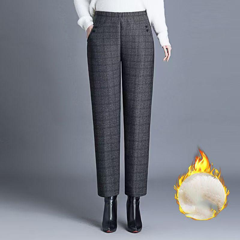 Pantalones pitillo a cuadros informales de lana para mujer, ropa de calle de moda coreana, pantalones rectos cálidos de cintura alta, otoño e invierno