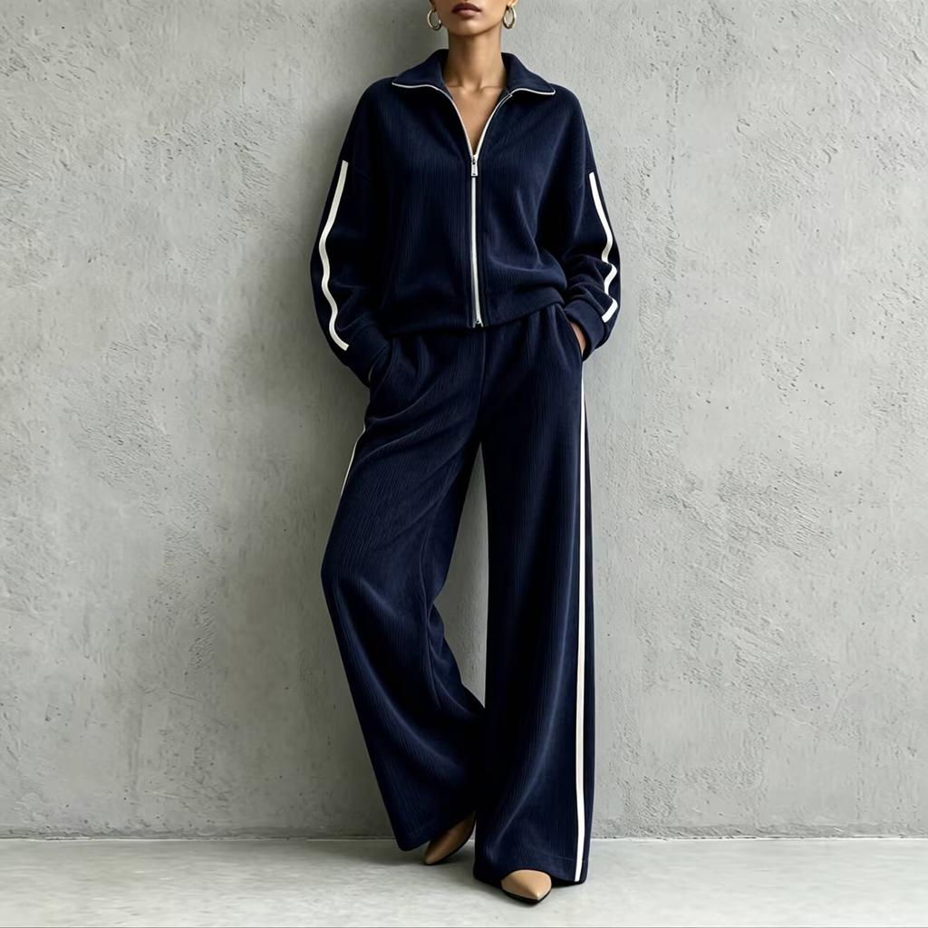 Women's Corduroy Casual 2 Piece Outfit with Zip Front Jacket and High Waist Wide Leg Pants for Fall Winter