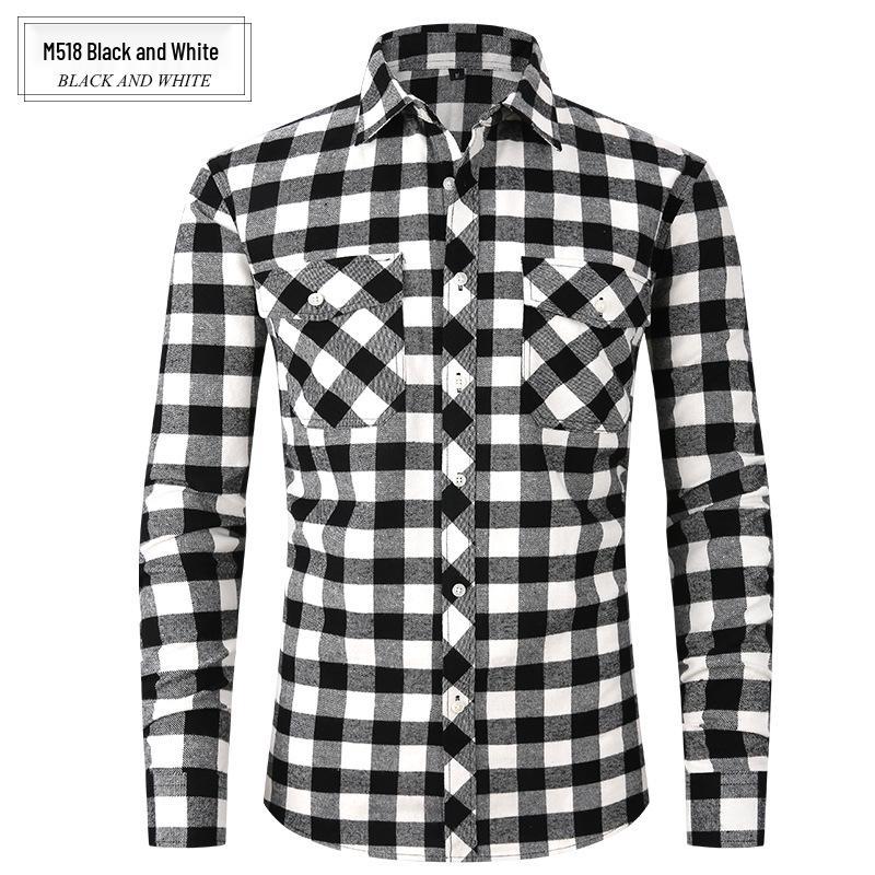 Lente Zomer Slim Fit Geborsteld Ruit High-End Lange Mouw Dubbele Zak Heren Flanellen Overhemd