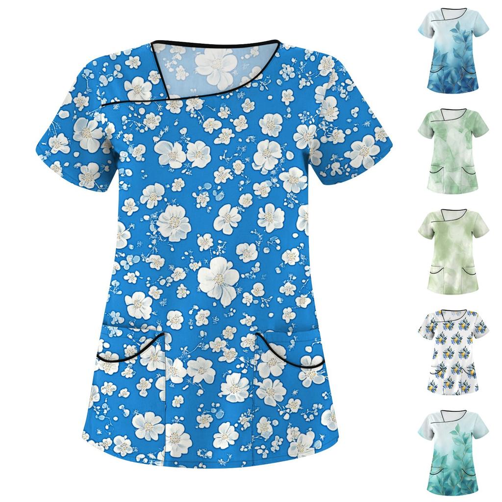 Women's Printed Work Clothes, Sloping Collar And Double Layer Pockets, Basic Top Pullover
