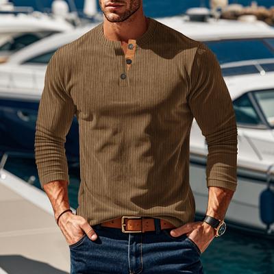 Men's Striped Henley Long Sleeve Shirt Casual Slim Fit Button Neck Top