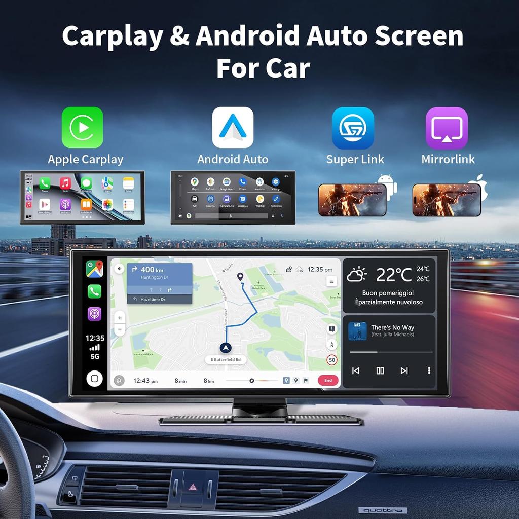 11.5' Carplay Screen with Android Auto, 4K Dash Cam, 1080P Backup Camera, GPS, Bluetooth, Voice Control