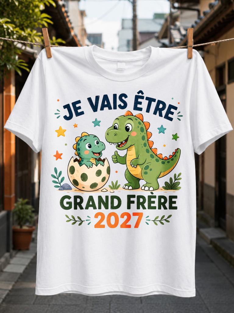 Französische Schwangerschaftsankündigung Ich werde großer Bruder 2027 Mit fröhlichen grünen Dinosauriern und Ching-Ei Unisex Alle T-Shirts