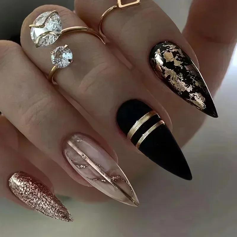 24 Pcs Pink Almond False Nails Shiny Gold Ripple Stiletto Detachable Full Cover Press On Nail Tips Manicure