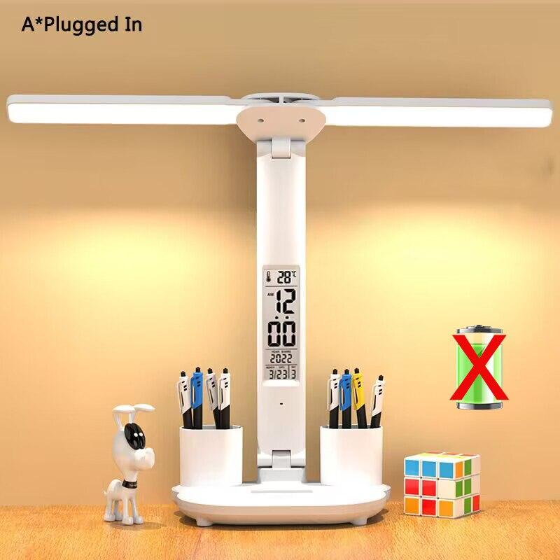 

Светодиодные часы, настольная лампа, USB-зарядка, регулируемая яркость, настольные лампы, 2 головки, поворот на 180 градусов, складная защита глаз, настольные ночники для чтения