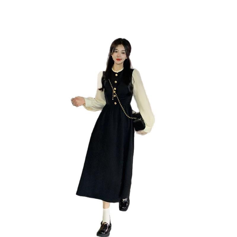 Spring New Celebrity Temperament Design Sense Hepburn Style Long Skirt French Bubble Long Sleeve Dress Women's Clothing