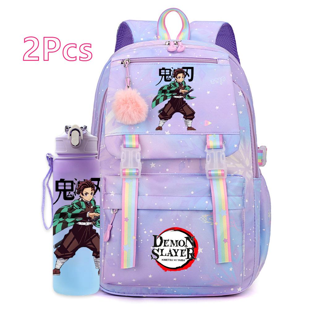 2Pcs/set Cartoon Demon Slayer Printed Backpack with 750Ml Water Bottler for Teenager Girl Boy Large Capacity Waterproof Bookbag Travel Bag Gift