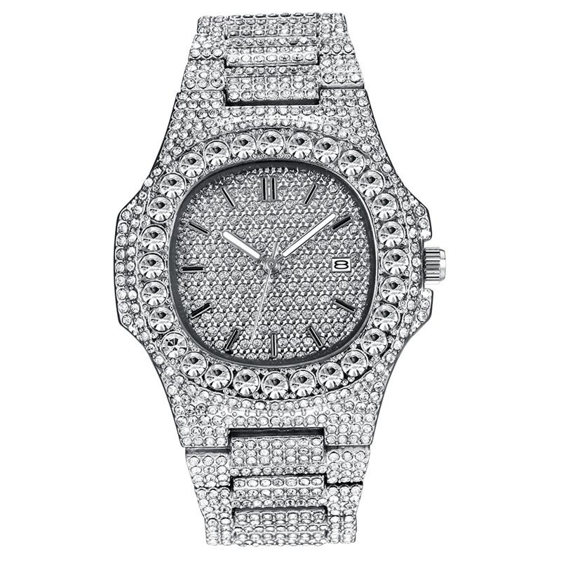 Men Hip Hop Full Diamond Luxury Brand Watches Fashion Alloy Band Golden Date Quartz Vintage Watch Montres De Marque De Luxe