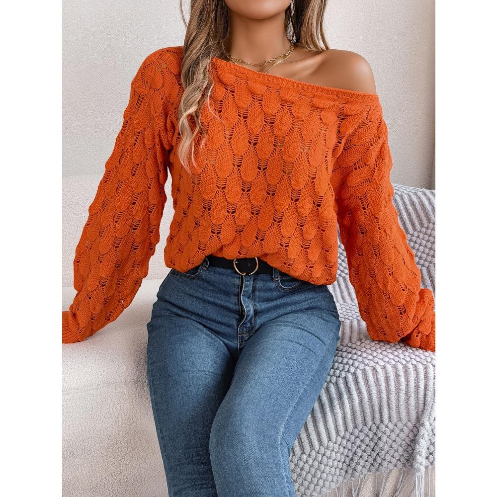 

Autumn/Winter Women s Knitted Sweater Casual Feather-Patterned Openwork Off-the-Shoulder Sweater Featuring Bell Sleeves L оранжевый