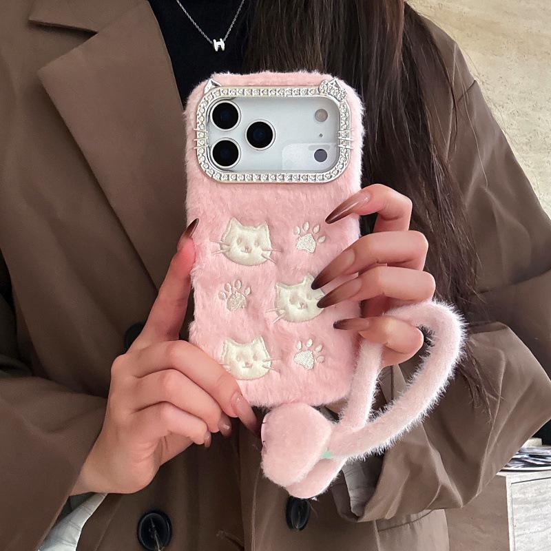 Cat head cat claw plush lanyard for iPhone17Pro max mobile phone case Apple 16 drill edge 15/14 cute