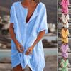 Damen Unifarben Kurzarm O-Ausschnitt Knöpfe Locker Übergröße Mittellanges T-Shirt